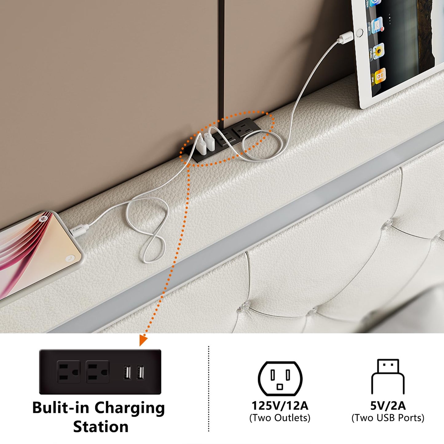 Benevika Full Size Bed Frame with LED Lights, Upholstered Platform Bed Frame, Adjustable Headboard with Charging Station, Wooden Slats Support, Easy Assembly, No Box Spring Needed, White