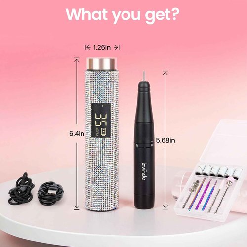 Lavinda Diamond Electric Nail Drill, Professional Rechargeable 35000RPM Electric Nail File Cordless Portable Nail Drill with Coreless Motor for Acrylic Nails (AB Rhinestone)