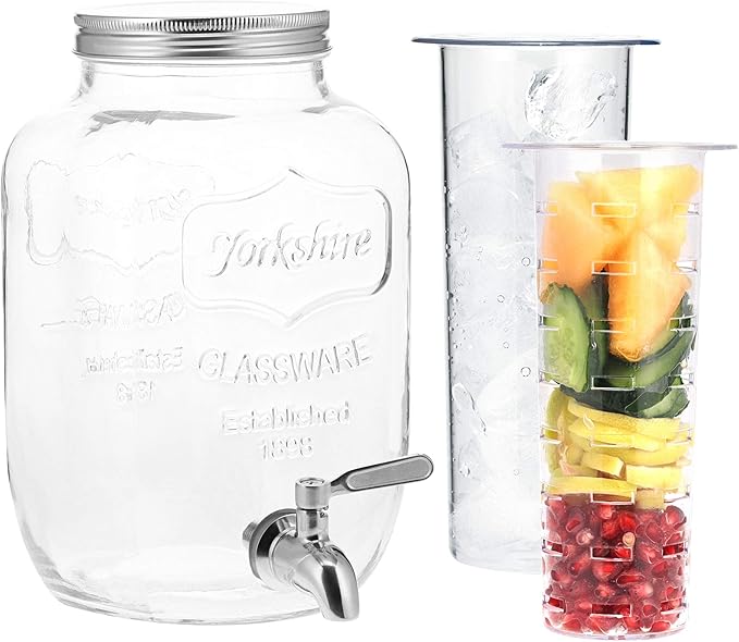Navaris Glass Drink Dispenser with Spout - 4 L / 1 Gallon Mason Jar with Fruit & Ice Infuser - Beverage Fountain for Sweet...