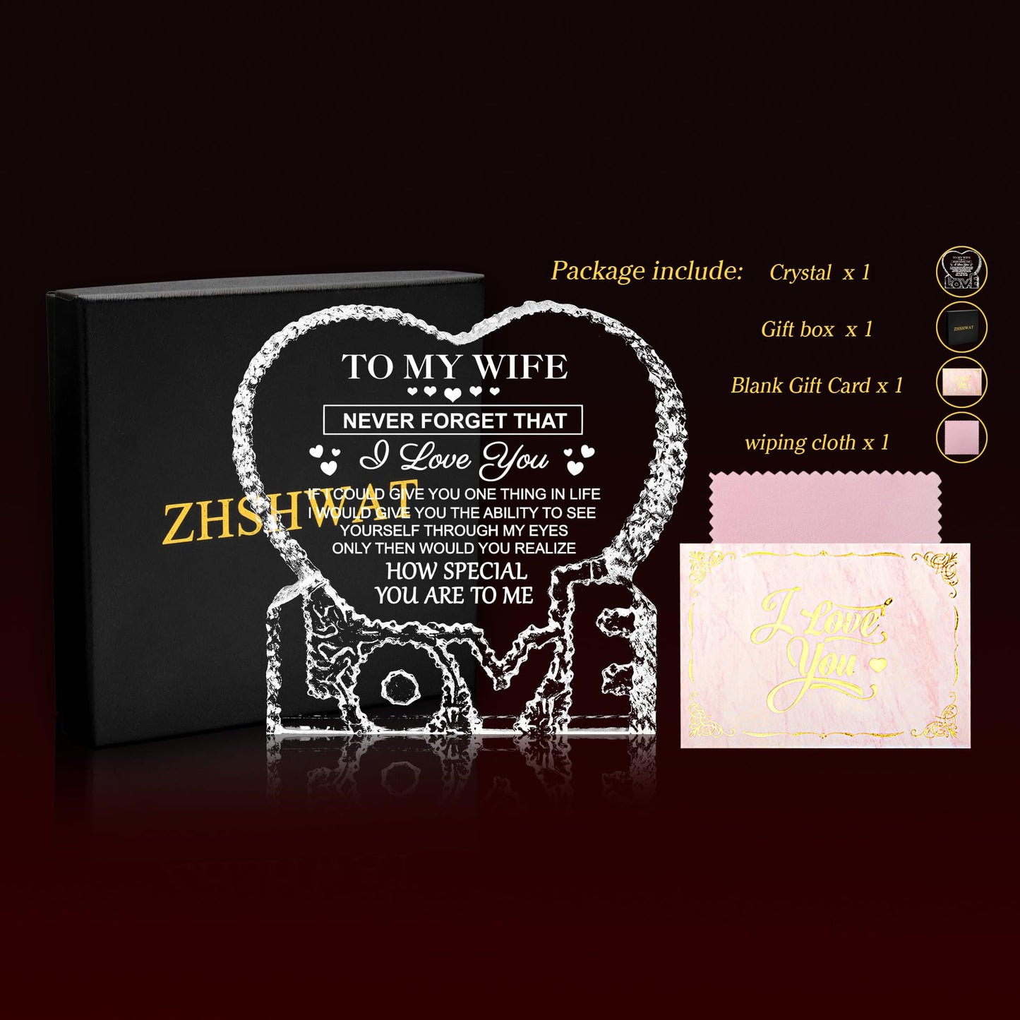 ZHSHWATGifts for Wife, I Love You for Her Crystal Keepsake Wife Gifts from Husband Anniversary Birthday Presents for Her Women