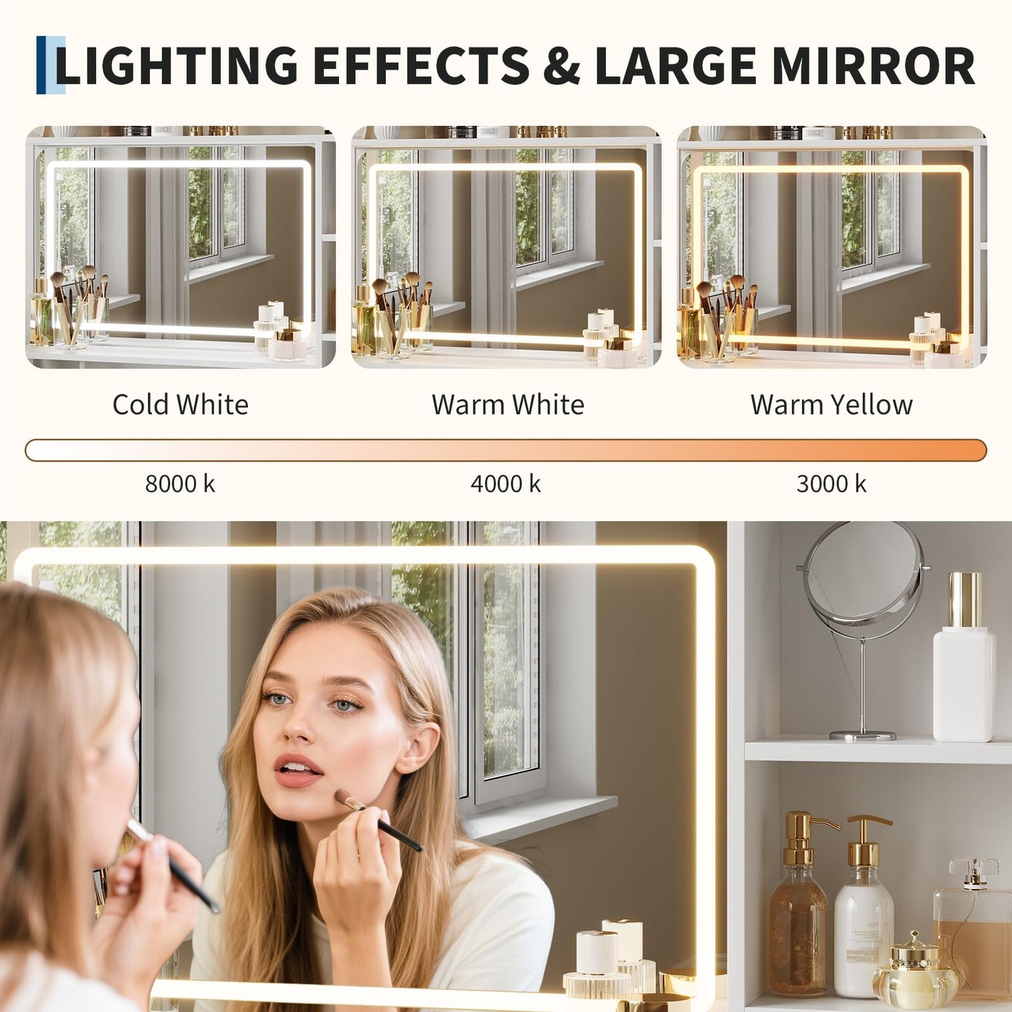 GarveeHome Vanity Desk with Mirror, 35.4” Makeup Vanity Table with Shelves, 4 Fabric Drawers Storage, Modern Dressing Table for Bedroom, Gift for Women