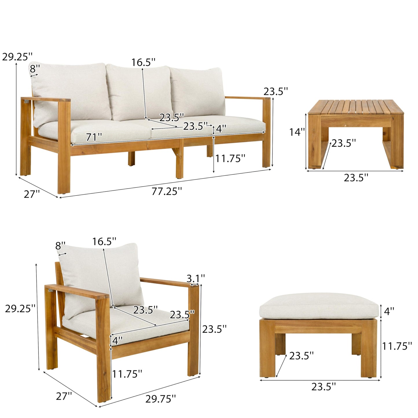 Christopher Knight Home Kayahs 3 Pieces Acacia Wood Furniture Set, Patio Conversation Sofa with Coffee Table and Ottoman, Outdoor 3-Seater Sofa Set for Backyard Balcony Gardern, Teak Finish+Beige