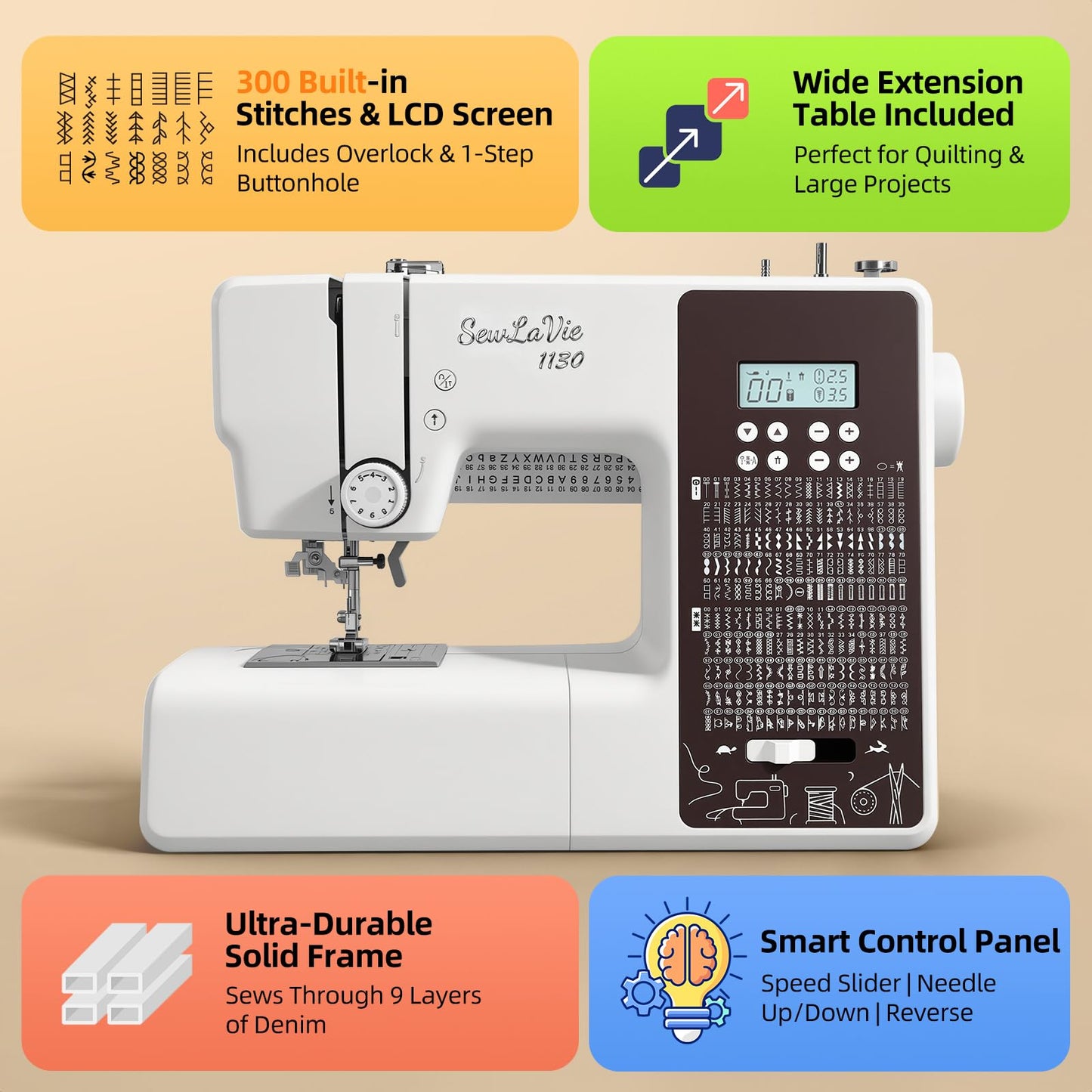 SewLaVie 1130 Computerized Sewing and Quilting Machine, 300 Stitches, LCD Screen, 1-Step Buttonhole, Speed Control, Wide Table, Sewing Machine for Clothes & Jeans, Sews Multiple Layers of Denim