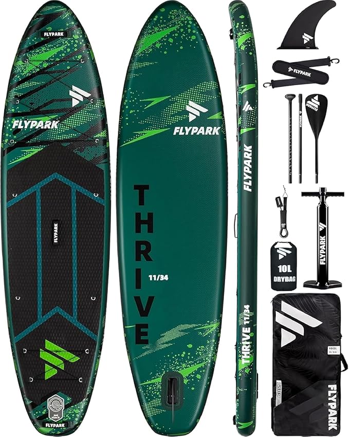 Flypark 11'x34" Inflatable Paddle Boards, Extra Wide SUP for 420lbs/3Adults, Yoga Stand Up Paddle Board, 110L Backpack, 15...