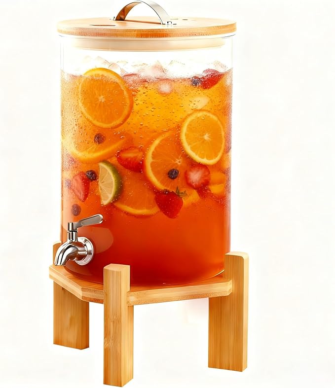 2 Gallon Drink Dispenser,Glass Beverage Dispenser With Wood Stand,Large Water Drink Dispensers for Parties with Anti-block...