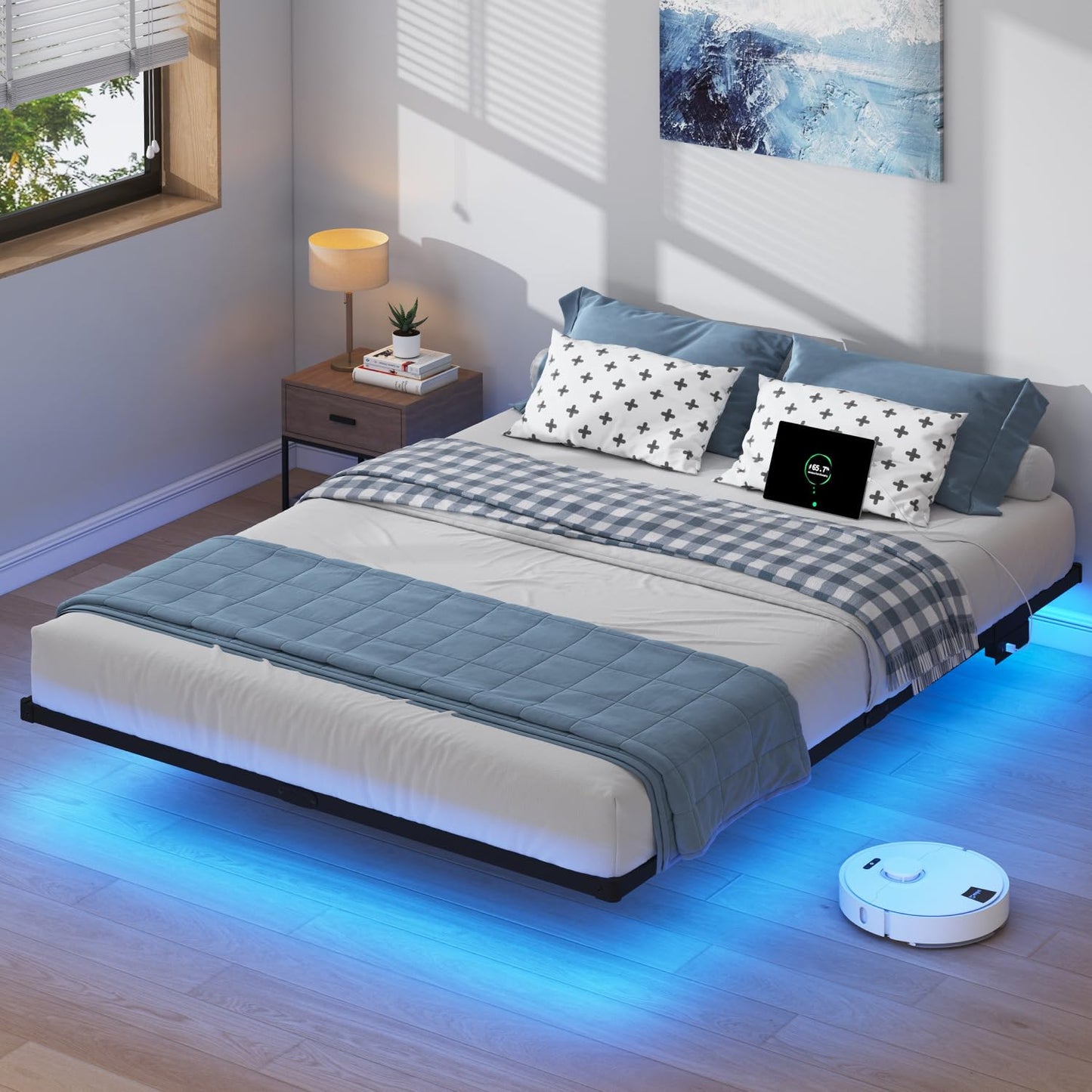 HAVONIZD Floating Bed Frame Queen with LED Lights and Charging Station - 8 inch Platform Bed Frame No Box Spring Needed, Easy Assembly