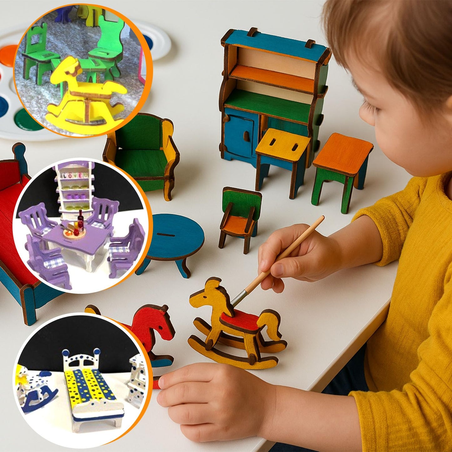 LOVEINUSA DIY Wooden Dollhouse Furniture Set, 3D Puzzle Miniature Room Accessories, Natural Wood
