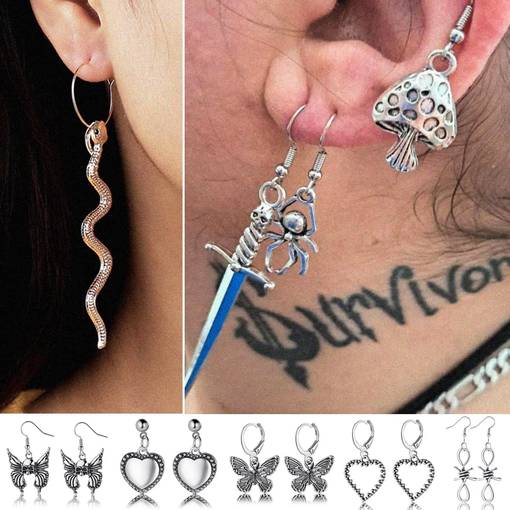 Gothic Earrings Set, Metal Punk Goth Vintage Silver Snake Spider Butterfly Dagger Dangle Drop Earrings for Women, Grunge Y2K Emo Jewelry Pack Party Costume Accessories (Style1)