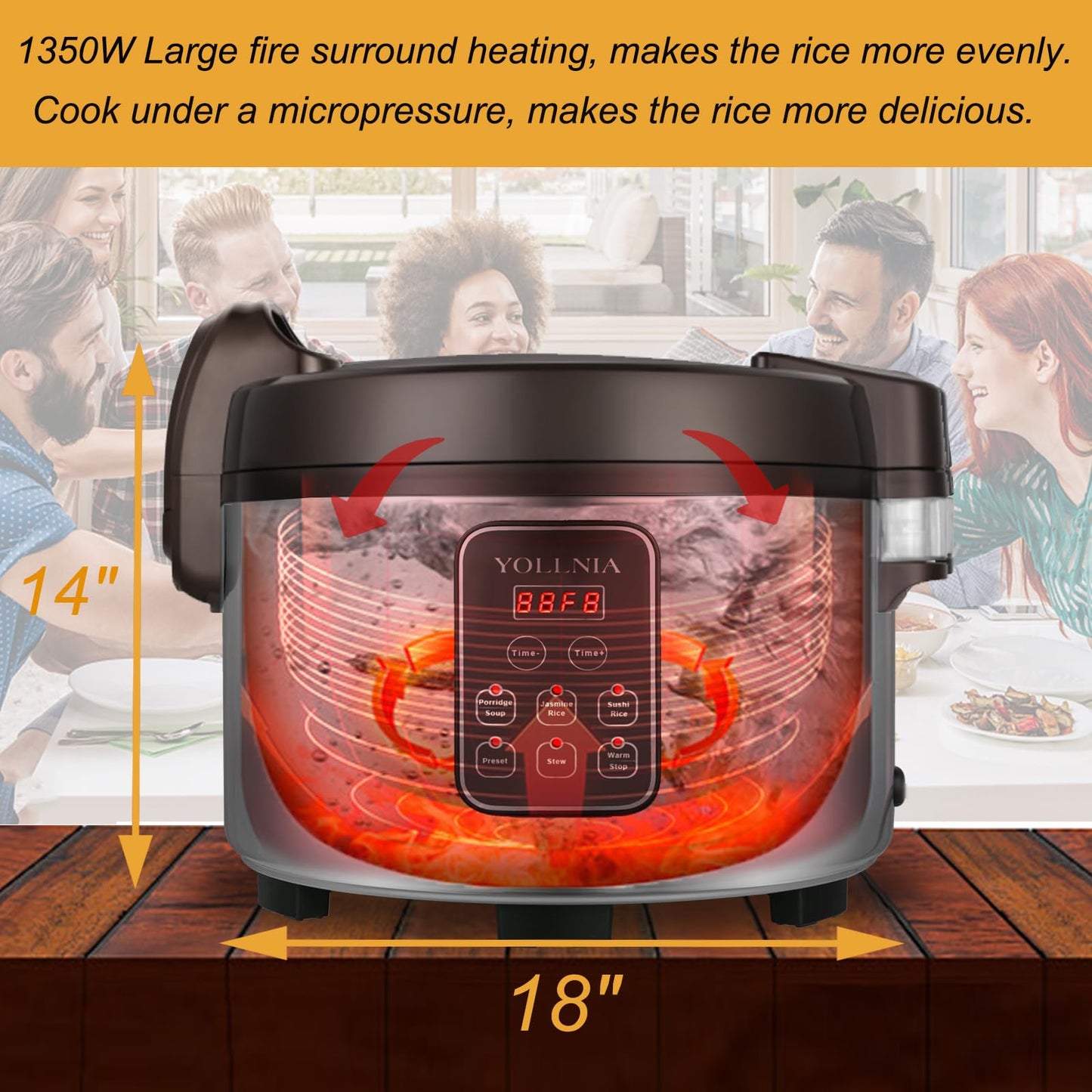 YOLLNIA Commercial Large Rice Cooker & food warmer | 13.8QT/65 Cups cooked rice | 1350W Multi-function electric sushi rice cooker | LED Display | Timer Setting | Smart preset from 30 min-24 Hrs