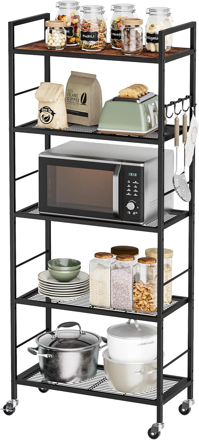 XIVIRACK 5-Tier Metal Storage Rack with Industrial Wheels,Mesh Shelving Unit with Wooden Table top,Adjustable Shelf,23.6-Inch Width,for Kitchen, Laundry,Pantry,Plant,Black