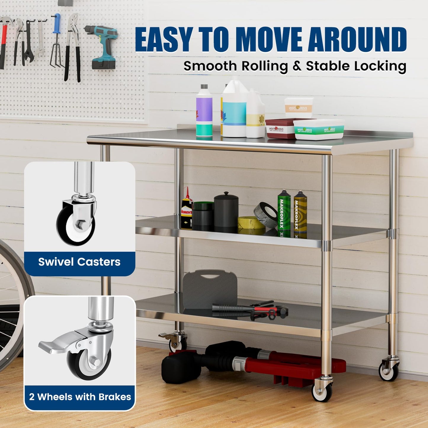 Chingoo Stainless Steel Work Table with Wheels, 24x60 Inch NSF Food Prep Table with Backsplash & 2 Adjustable Undershelves for Commercial Kitchen, Restaurant, Garage