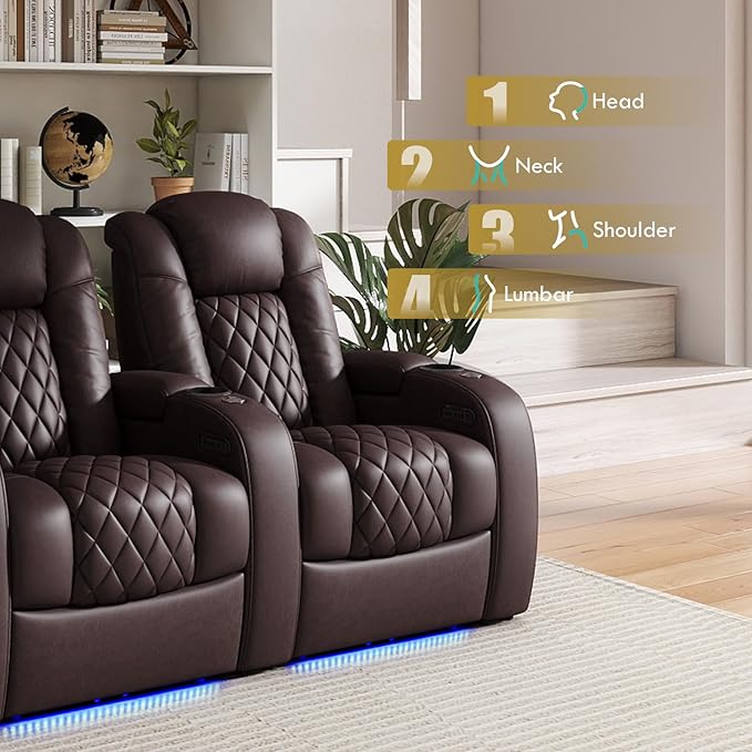 Weilianda Home Theater Seating Top Grain Leather Zero Gravity Recliner Chair Power Headrest Recline Movie Seat Gaming 7 Colors Mood Light Sofa with Tray Table USB Charge Row of 4 Loveseat Left Brown