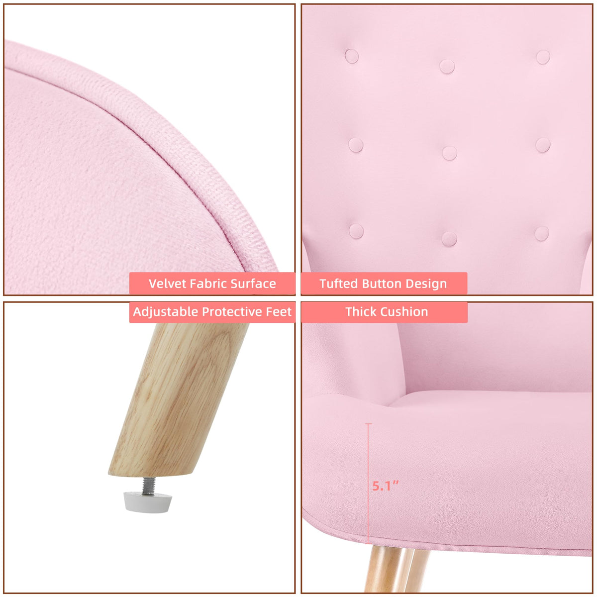 PrimeZone High Back Accent Chair - Large Mid-Century Modern Living Room Chair Reading Chair with Comfy Memory Foam Seat Cushion, Velvet Wingback Armchair for Bedroom, Corner, Pink