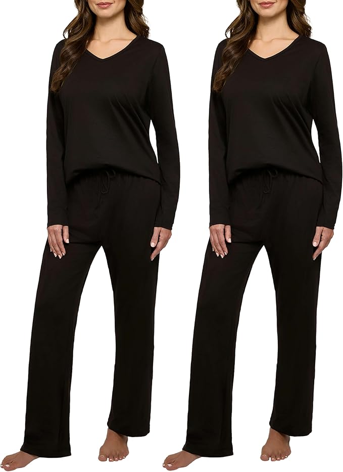 Real Essentials 2 Pack Women's Soft Cotton Long Sleeve Pajama Set with Pants - Lounge Sets for Women (Available In Plus)