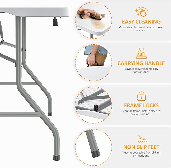 Fenbeli Upgraded 18% Thickened Folding Table 6ft Made of HDPE Plastic, Heavy Duty (25lb), Stable Thicker Legs, Dining Indoor Outdoor for Camping, Picnic and Party, White