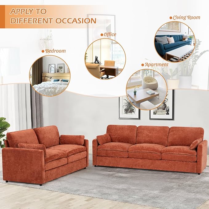 ACMEASE 69” Chenille Loveseat Sofa w/Arm Pillows, Upholstered 2-Seater Sofa w/Comfortable Back Cushions, Modern 2 Seats Couch w/High-Density Foam for Living Room, Apartment, Office, Orange