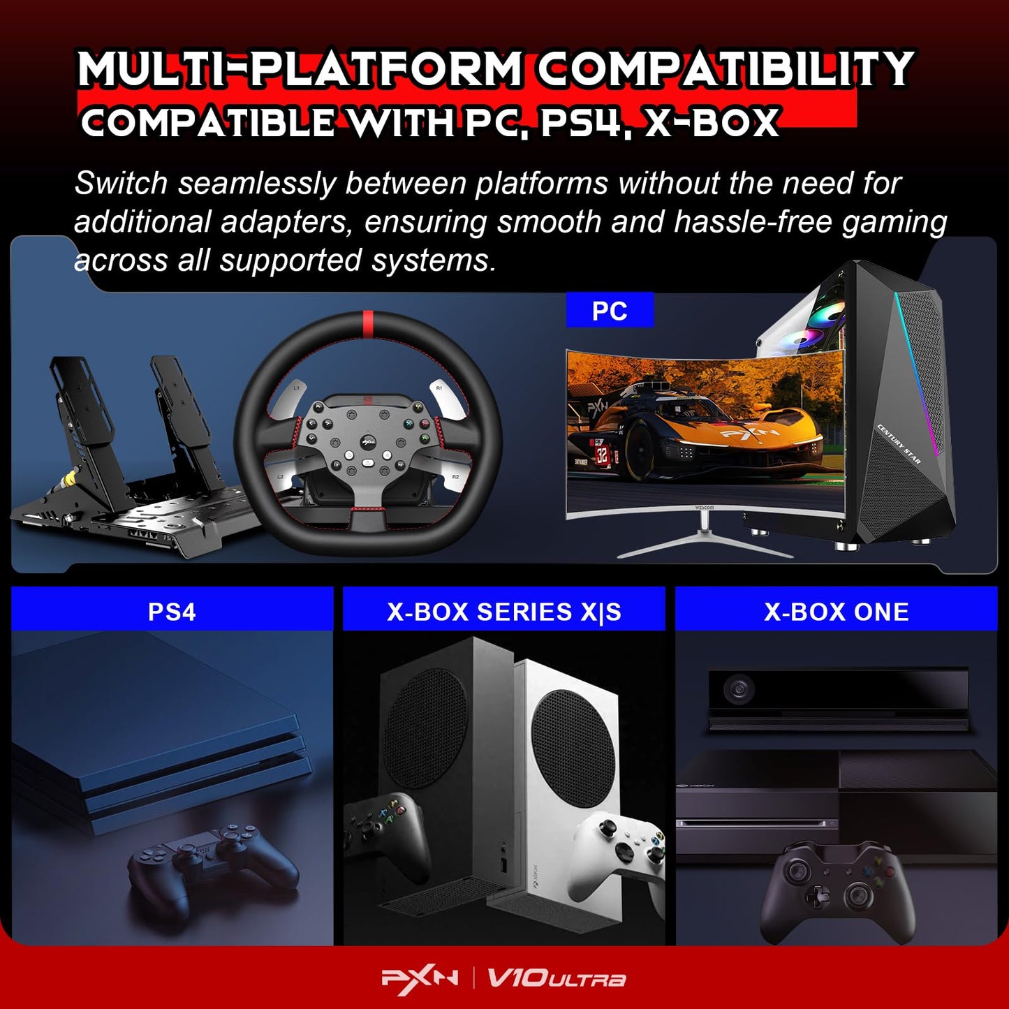 PXN V10 Ultra Direct Drive Racing Wheel & Pedals – 3.2Nm Force Feedback, 10.6'', 4 Paddle Shifters, Hall Effect 2-Pedal Set - Gaming Steering Wheel for Xbox Series X|S, Xbox One, PS4 & PC