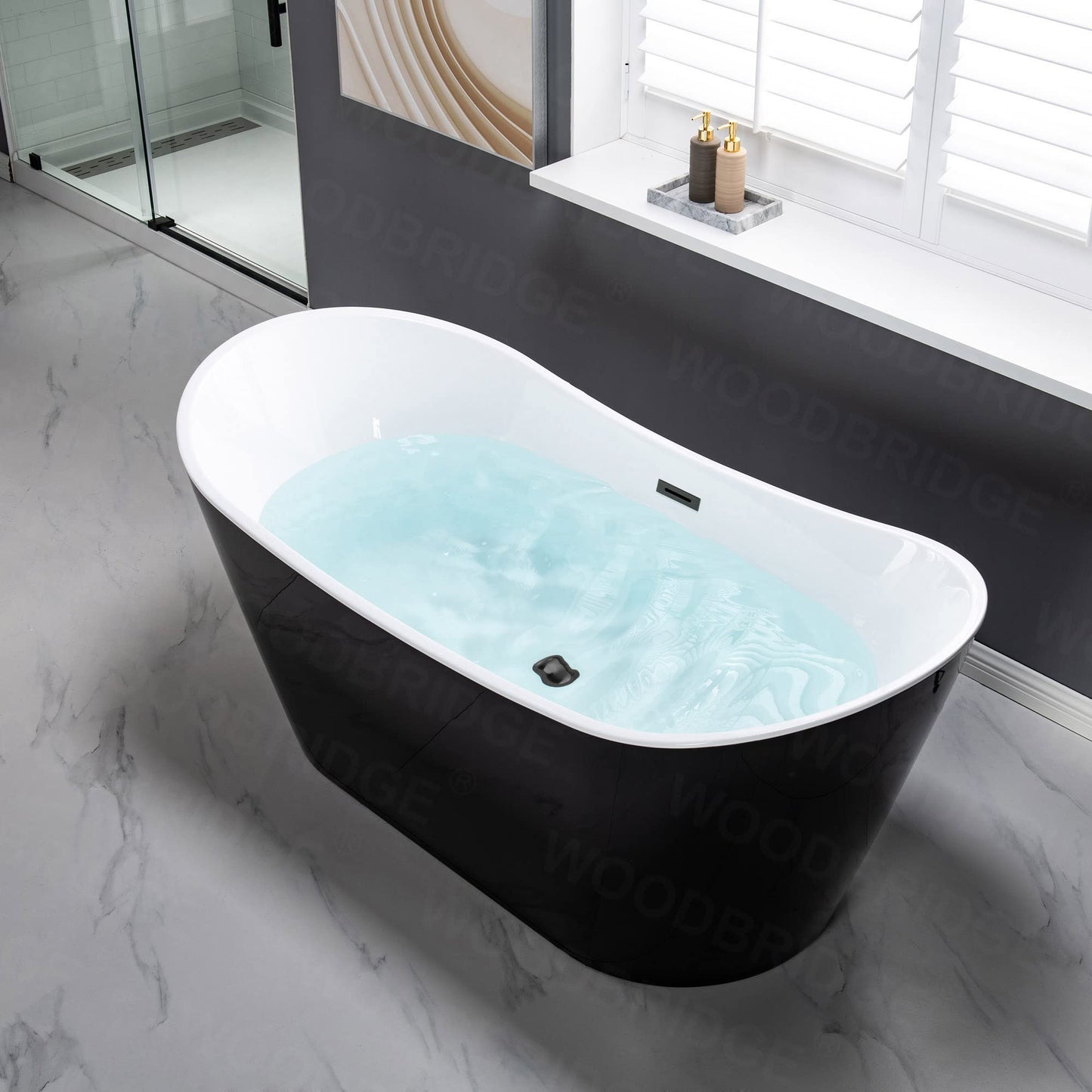 WOODBRIDGE 67" Acrylic Freestanding Bathtub Contemporary Soaking Tub with Matte Black Overflow and Drain,Black,B1815 MB