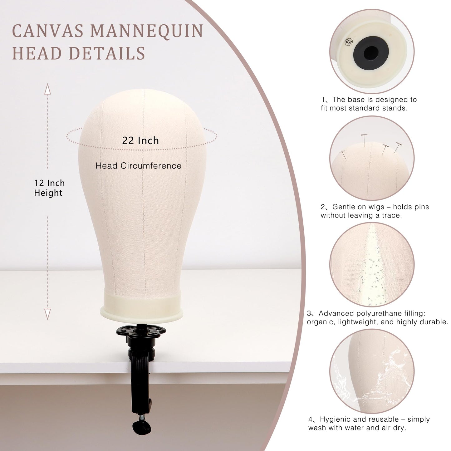 22 Canvas Block Mannequin Head for Wig Making, Hair Weaving, Styling and Display - Realistic Canvas Wig Head with Mount Hole, Fi