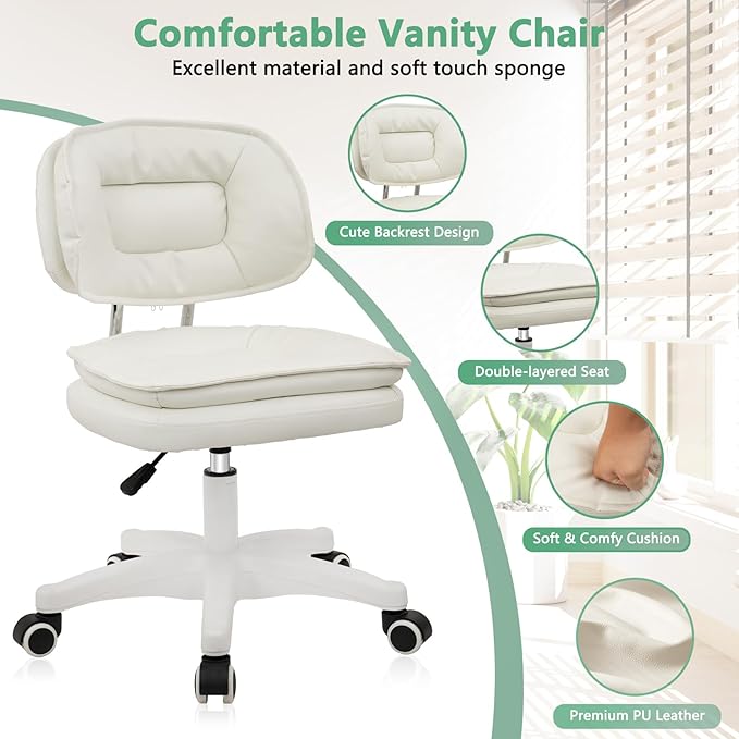 Small Rolling Stool with Backrest - 360° Swivel Rolling Chairs with Wheels,Adjustable Height Armless Vanity Chair, Thickened Seat Cushion Stool Chairs for Spa, Shop, Salon, Massage, Beige, 2 Pack