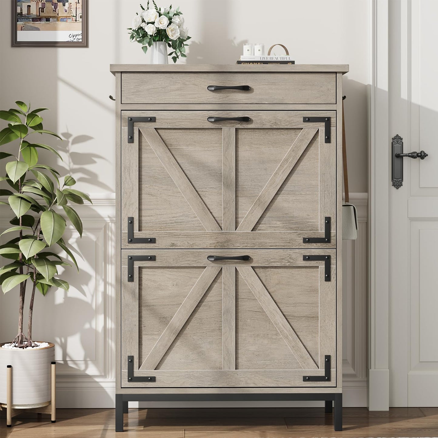 Jocoevol Shoe Storage Cabinet with 2 Flip Drawers, Narrow Shoe Cabinet for Entryway with 1 Top Drawer, Freestanding Hidden Shoe Rack Cabinet with Metal Legs for Foyer, Hallway (Grey)