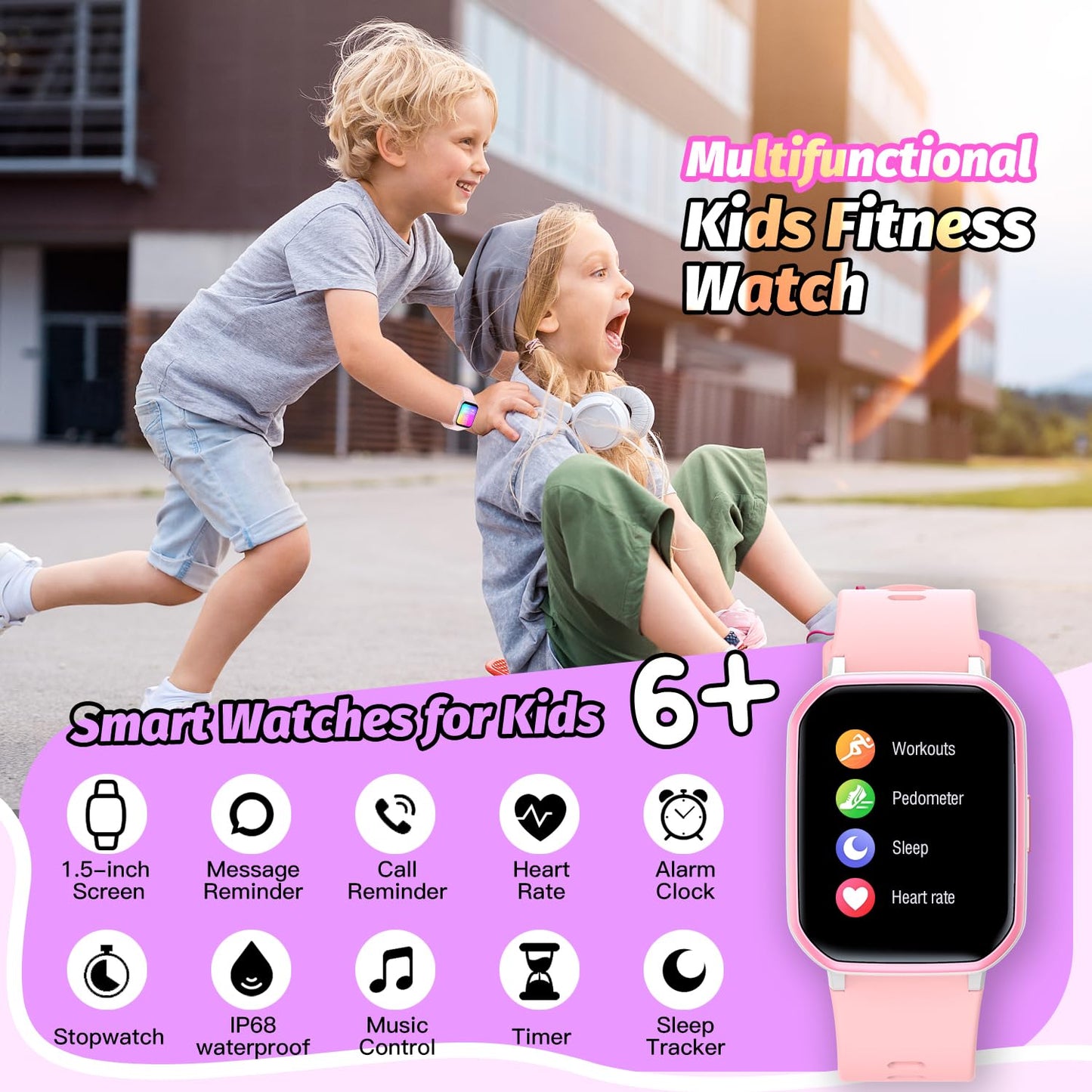 Kids Smart Watch for Girls,IP68 Waterproof Kids Fitness Tracker Watch with 1.5 Inch DIY Face,Heart Rate Sleep Monitor,19 Sport Modes,Calories Counter,Alarm Clock,Great Gifts for Children 6+ (PInk)