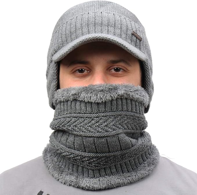 Winter Beanie w/Visor & Earflaps for Men Outdoor Fleece Hat Scarf Set