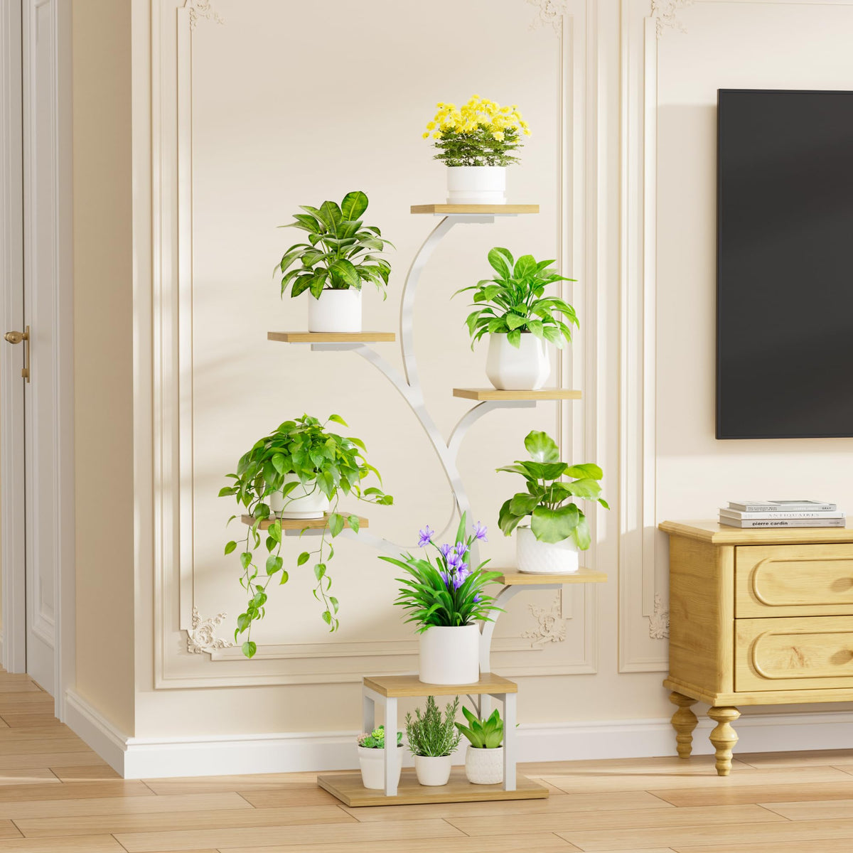 BACEKOLL Plant Stand Indoor with Grow Lights, 7 Tiered Plant Shelf Indoor, 49" Corner Plant Stands for Indoor Plants, Metal Plant Flower Display Shelves, Tree-Shaped Plant Rack for Home, Patio, White
