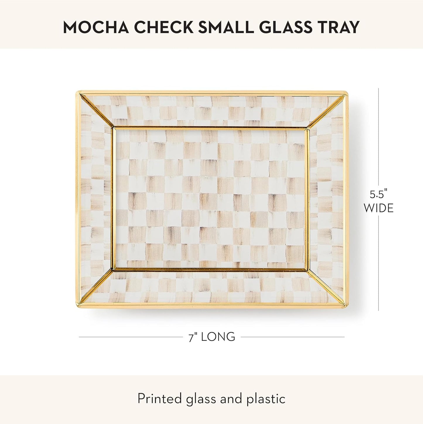 MACKENZIE-CHILDS Glass Tray, Decorative Bathroom Counter Tray, Small, Brown-and-White Mocha Check