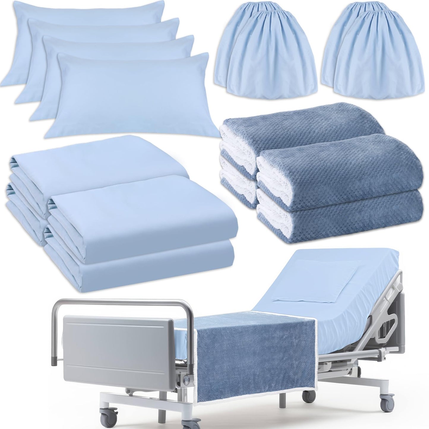 SmoothNovelty 16 Pcs Hospital Bed Sheets Set, Soft Knitted Standard Sheets Quality, Include Fitted Sheet, Quilt Cover, Pillow Case and Blanket (Blue)
