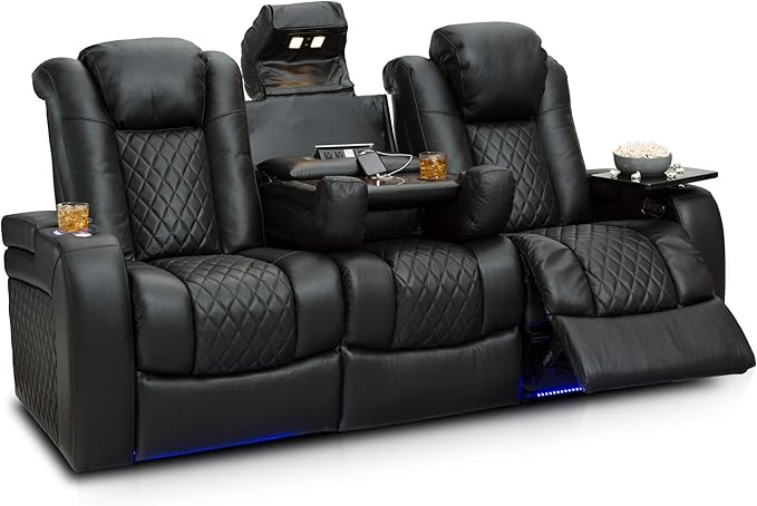Seatcraft Anthem Italian Leather Sofa w/Fold-Down Table & Loveseat w/Storage Console, Living Room, Power Headrest, Power Recline, Black