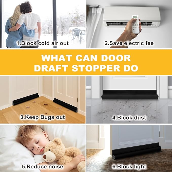 HomeProtect Door Draft Stopper 2 Pack Adjustable, Door Sweep for Bottom of Door, Weather Stripping Door Seal Interior & Exterior, Block Cold Air, Sound Light Dust, Easy to Install,32” Black