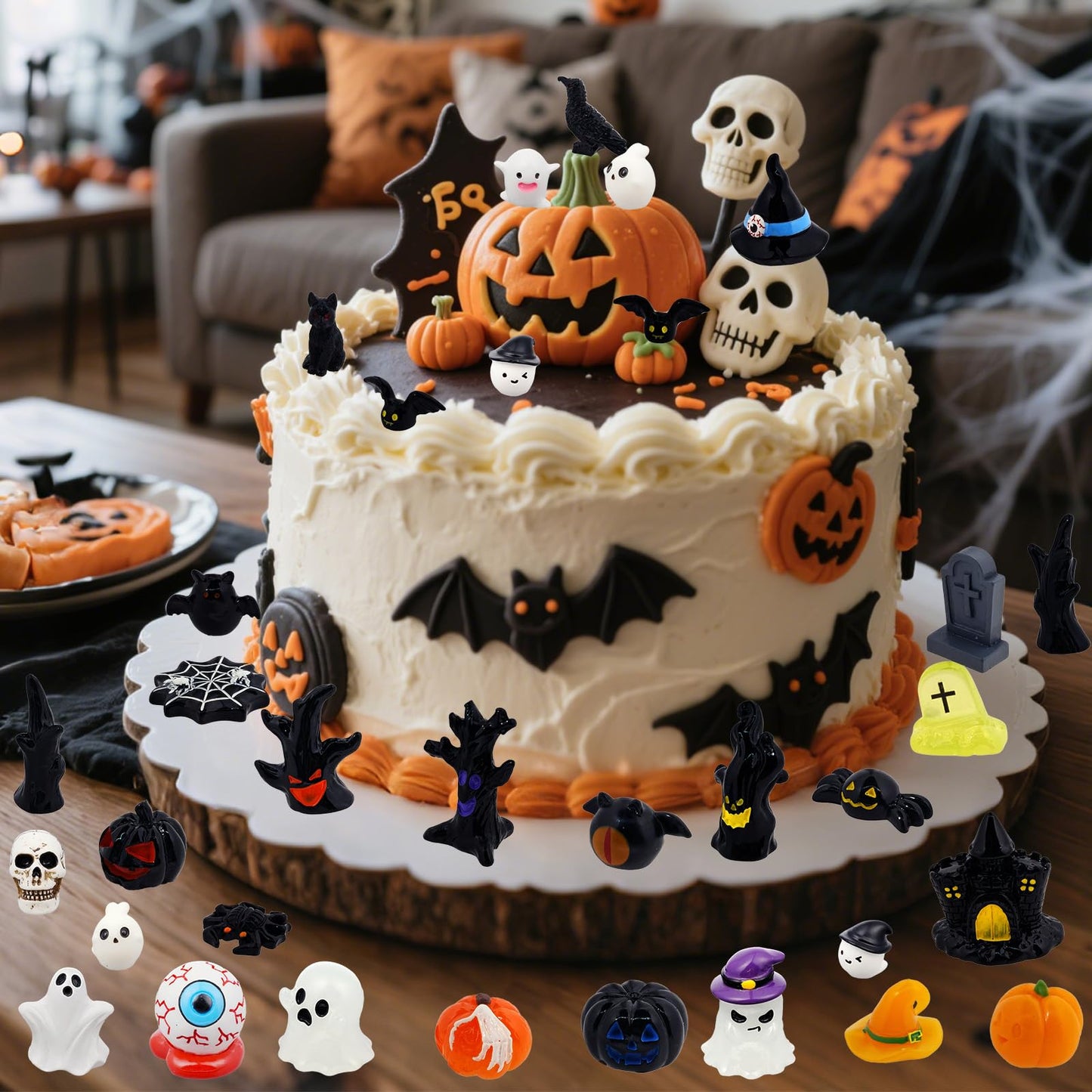 Bbiamsleep 54 Pcs Halloween Mini Resin Figurines Miniature Pumpkin Ghost Skull Tiny Resin Animals to Hide for Halloween Party Fairy Garden Decor