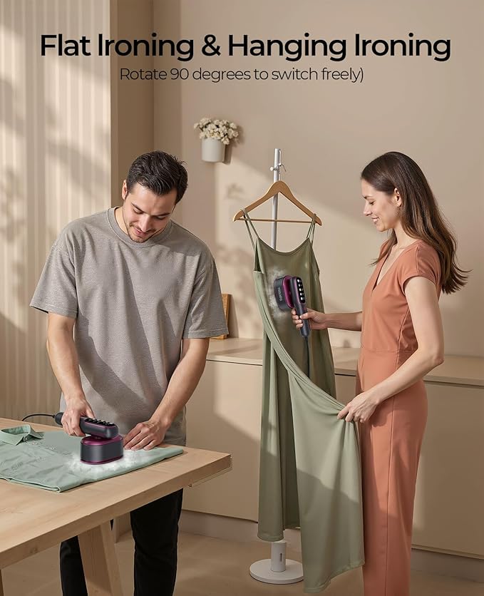 Portable Travel Steamer for Clothes: 2-in-1 Handheld Garment Steamer Iron - Rapid 15s Heat Up & 5 Steam Settings - Large Ceramic Panel - 110-120V Upgraded