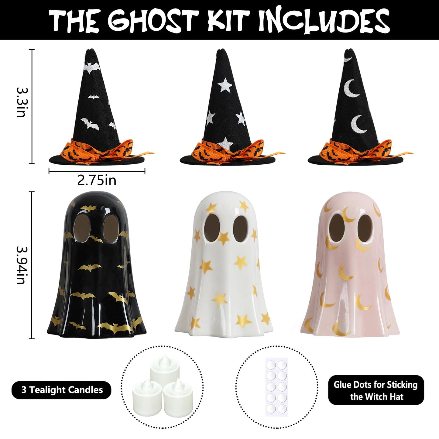 DAZONGE Halloween Decorations Indoor, Set of 3 Ceramic Ghosts with Witch Hats, Cute Spooky Halloween Ghost Figurines for Mantel, Shelf & Tabletop Decor