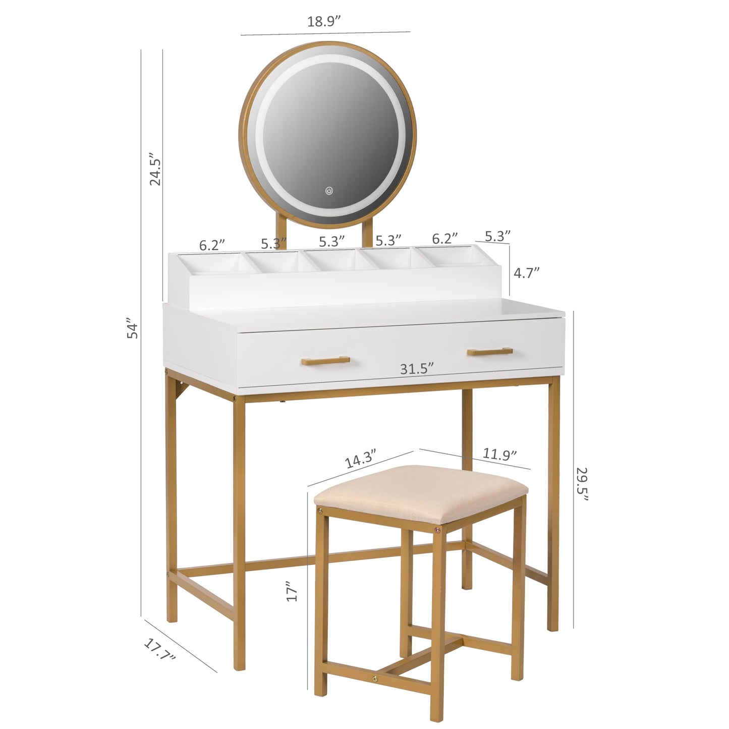 UTEX Makeup Vanity Desk with Mirror and Lights, Makeup Vanity Set with Drawers, Small Dressing Up Table, 3 Lighting Modes Dresser Desk and Cushioned Stool Set for Bedroom White and Gold