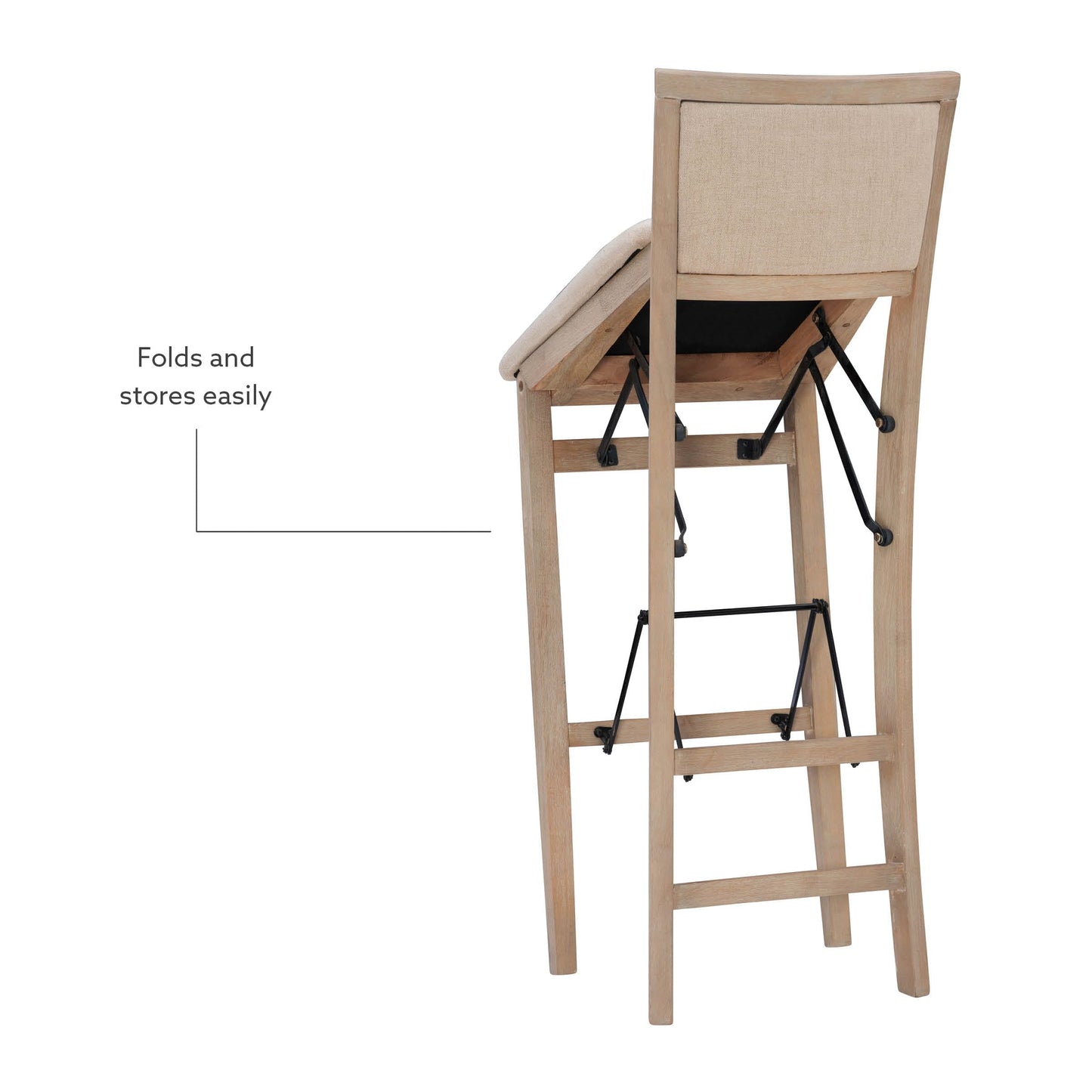 Linon Keira Natural Rustic Wooden Folding Barstool with Beige Upholstered Seat and Back