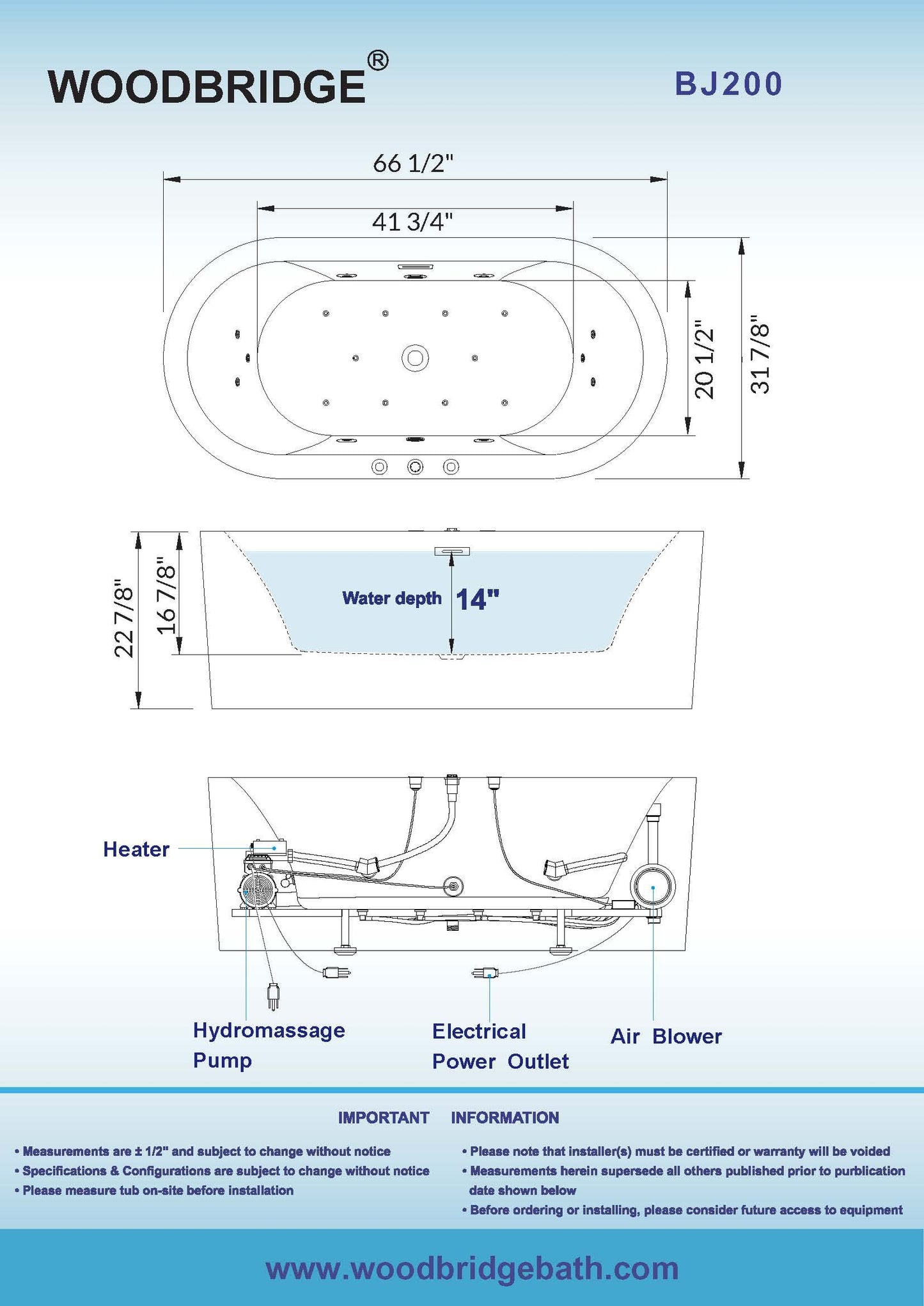 WOODBRIDGE 66-1/2" x 31-7/8" Whirlpool Water Jetted and Air Bubble Freestanding Heated Soaking Combination Bathtub,BJ-200