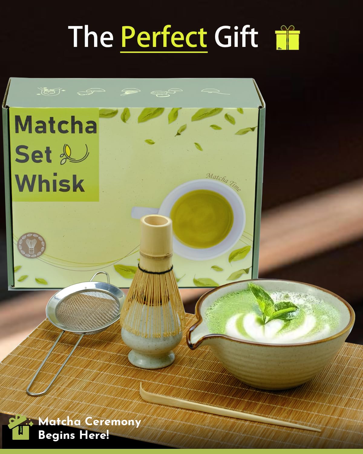Zzlright Matcha Whisk Set,Matcha Set,Matcha Kit,Matcha Bowl with Spout,Scoop,Sifter,Bamboo Whisk,Chasen Holder,Unique Gifts for Women Grifend,Gifts for Christmas, Birthday,Halloween