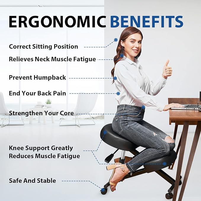 Ergonomic Office Kneeling Chair, Height Adjustable Stool with Thick Foam Cushions and Smooth Gliding Casters to Improve Posture and Relieve Pain, Multifunctional Design for Home and Office