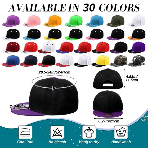 30 Pieces Snapback Hats for Men, Flat Bill Hat Caps Bulk Plain Blank Hip Hop Hats Blank Hat Caps Solid Color Flat Brim Adjustable Baseball Caps (Stylish Style)