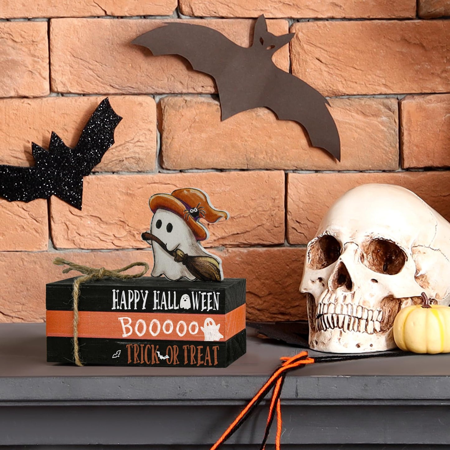 Smile Halloween Wooden Stack, Ghost Bat Mini Faux Books Bundle, Trick or Treat Tiered Tray Decorations, Indoor Decor for Kitchen Bathroom and Home Table Shelf