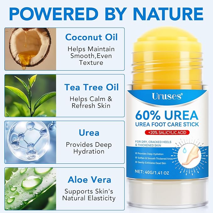 Urea Cream, Intensive Foot Repair Stick 60% Urea with 2% Salicylic Acid Heel Balm Stick, Maximum Strength Callus Remover Foot Care Cream for Cracked Heels, Dry Feet & Rough Skin