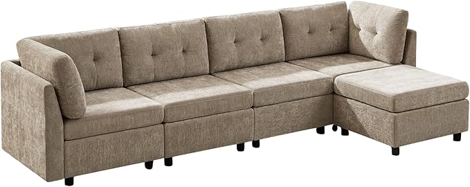 VANOMi 118" Modular Cloud Sofa with Ottoman, 4 Seater Modular Sectional Sofas & Couches for Living Room, Cozy Chenille Cloud Sectional Couch Sofas for Living Room, Apartment, Office, Camel, L Shaped