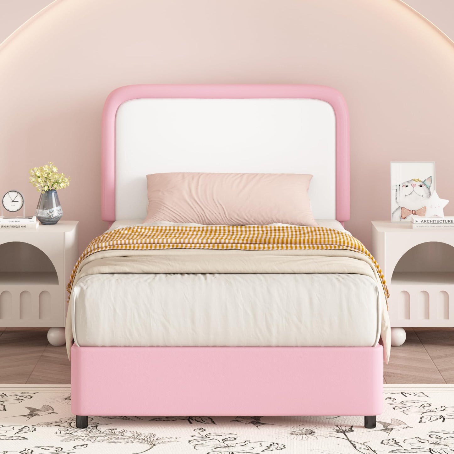 Twin Bed Frame with Headboard, Bed Frame Twin Size with Wood Slats Support, No Box Spring Needed, Easy Assembly, Pink