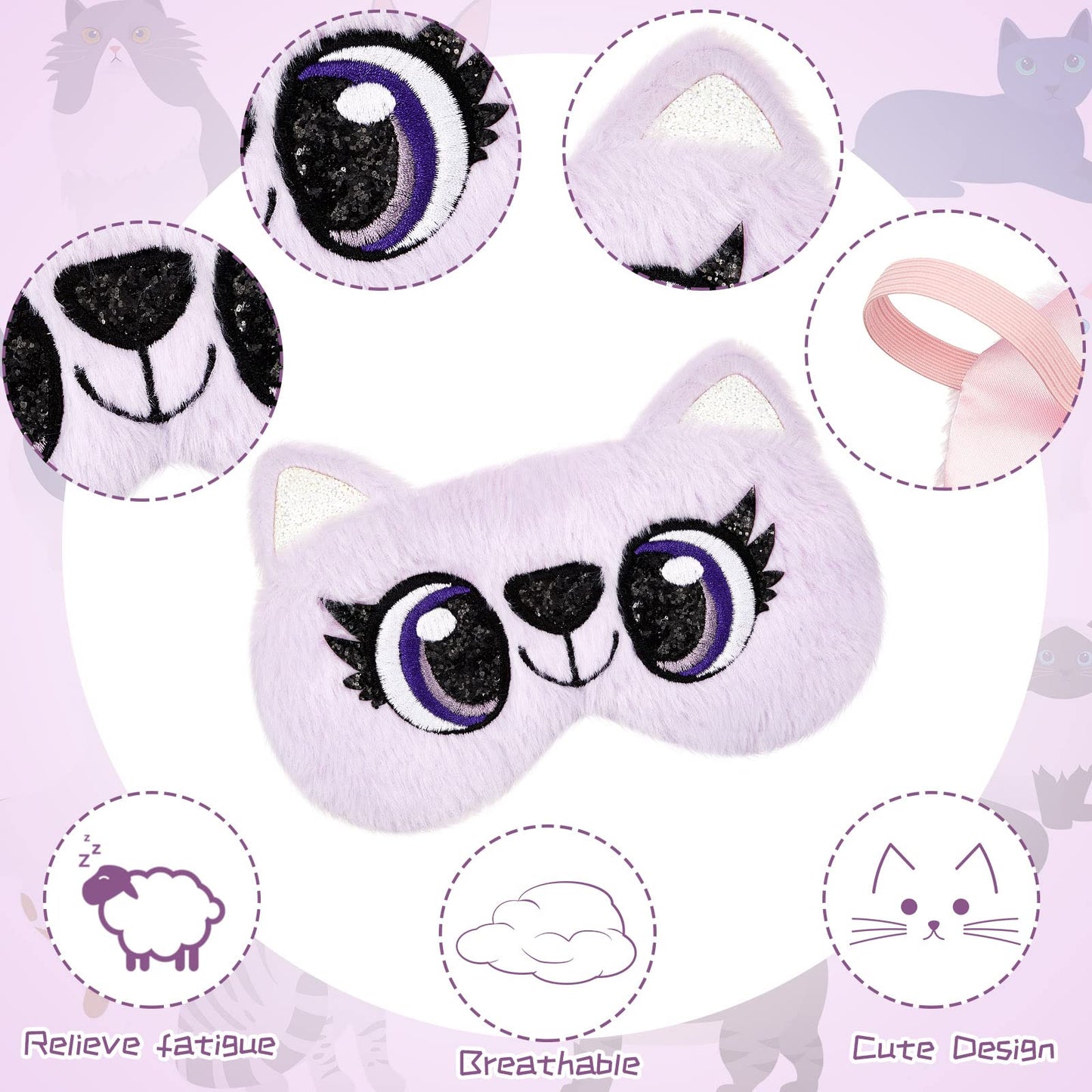 3 Pieces Sleep Mask for Kids, Girls Plush Sleeping Eye Cover Soft Eye Blindfold Cover Animal Shade for Kids(Purple, Big Eyes Style)