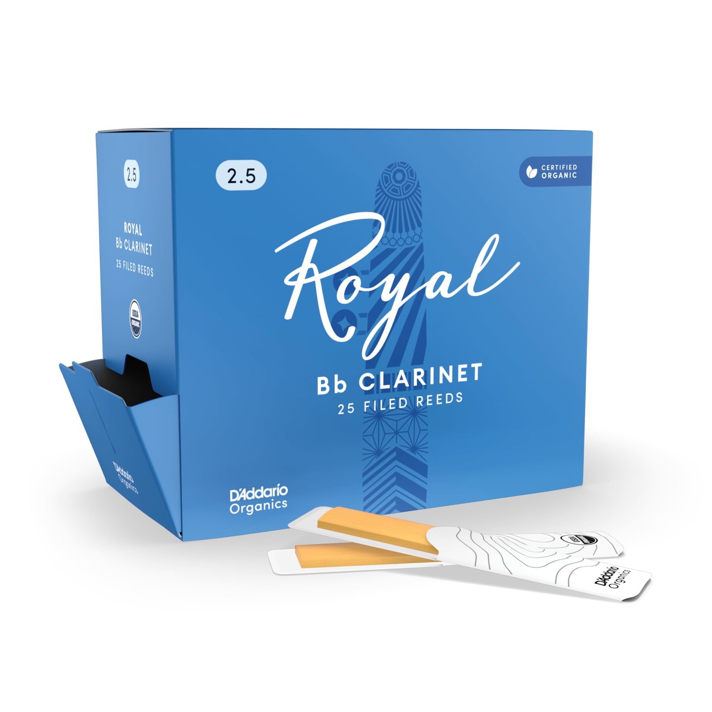 DAddario Royal Organic Bb Clarinet Reeds, Strength 2.5, Bulk 25