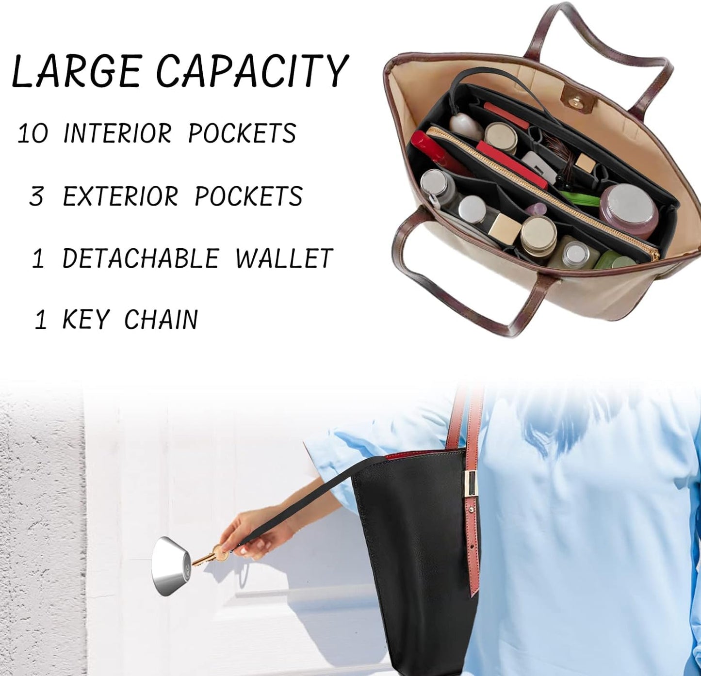 DailyPlus Purse Organizer Insert with Zipper Felt Bag Organizer for Tote Purse Black Large