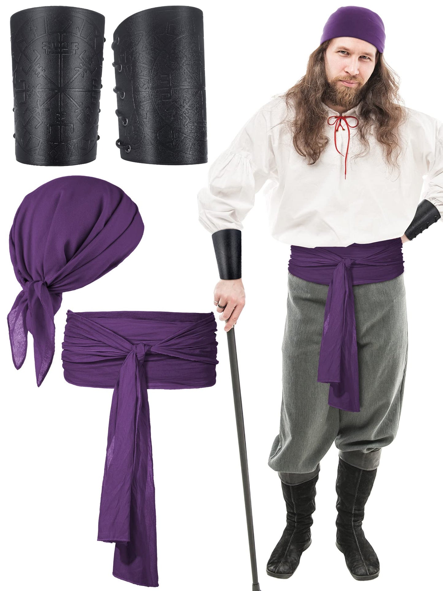 Bencailor 4 Pcs Pirate Costume Men Women Pirate Bandana Sash Belt Hat Accessories Cosplay Masquerade(Medium,Black, Dark Purple)