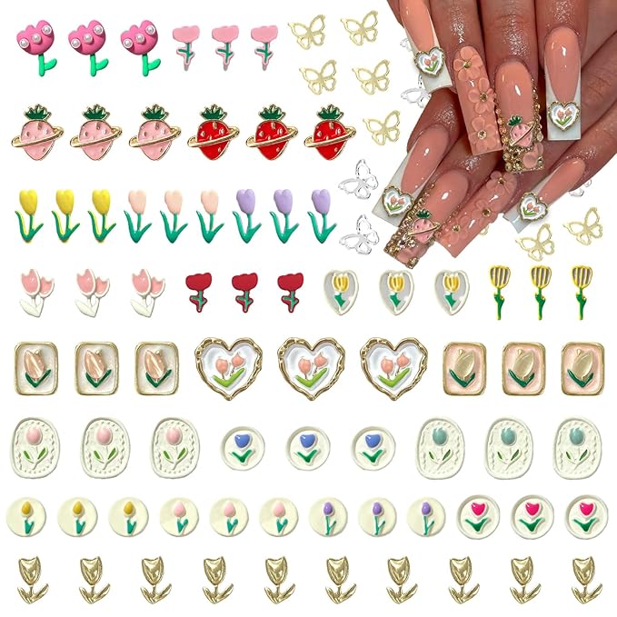 93 Pcs 3D Metal Spring Summer Flower Nail Charms with 24 Styles for Women Nail Art Decoration Jewelry